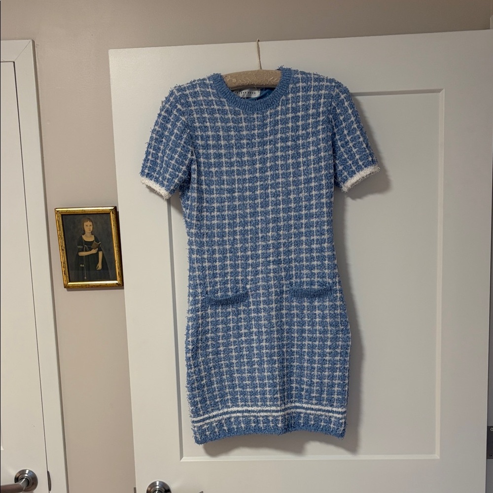 Endless Rose Blue Tweed Short-Sleeve Knit. 33” long .